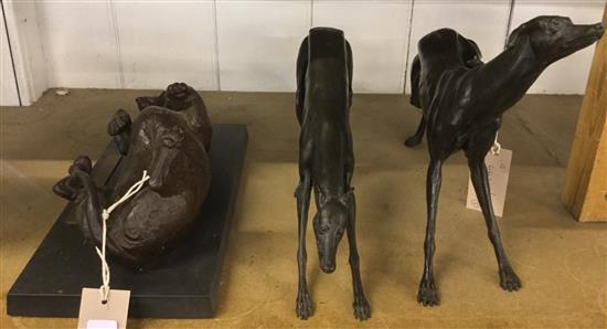 Comemmorative bronzed resin study of Boo, Doris Lindner, 1976 & pair of bronze greyhounds in the manner of Brenda Sillars